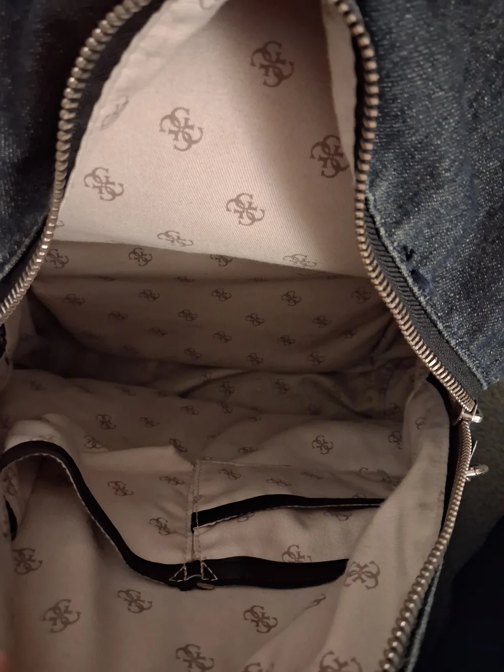 GUESS Denim Backpack in Dark Blue with Red Star-Print Straps